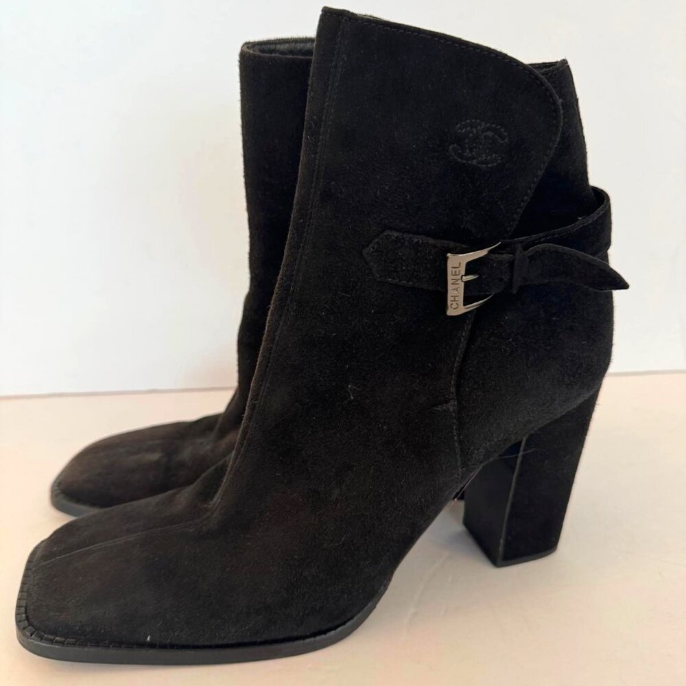 CHANEL, Black Suede Booties
